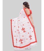 DESH BIDESH Women`s Bengali Khesh Pure Cotton Handloom Saree Trinayani Durga Designed With Blouse Piece (White Red)